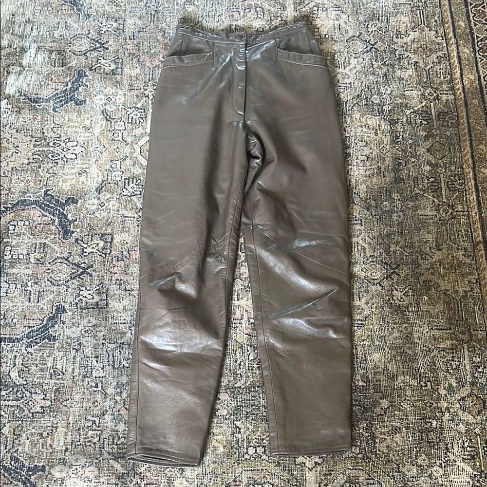 Vakko Brown Leather Brown Pants Relaxed Fit High Waist Size 2 100% Leather